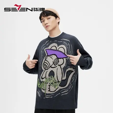 柒牌清仓潮牌SVNMDN鳄鱼毛衣男时尚潮流圆领撞色含羊毛保暖厚毛衫图片