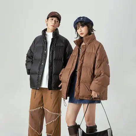潮牌设计感立领羽绒服女2023新款情侣加厚冬季外套复古宽松面包服图片