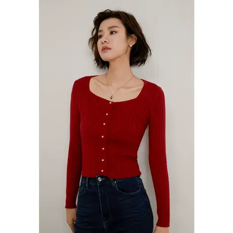 弥古复古红色针织衫法式方领上衣女2023新款春秋显瘦坑条打底内搭商品大图