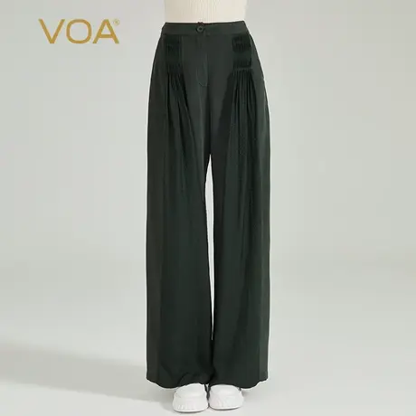 VOA30姆米重磅桑蚕丝暗绿自然腰口袋拼接提花工字褶真丝直筒长裤图片