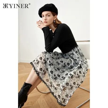 YINER音儿奥莱女装冬季拼接网纱连衣裙图片