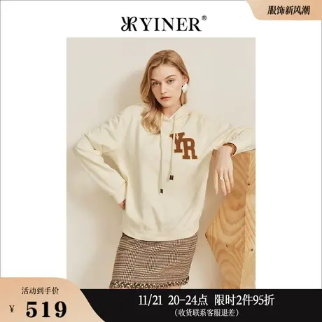 YINER音儿女装秋季长袖时尚宽松连帽刺绣卫衣商品大图
