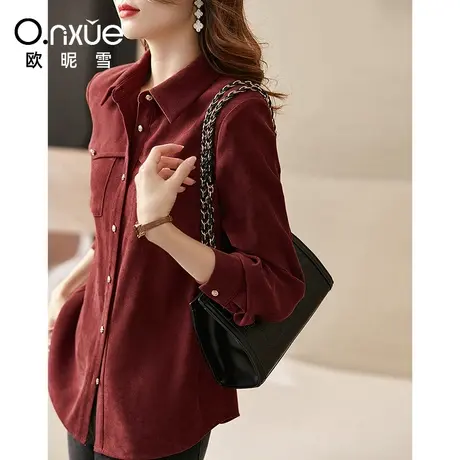 欧昵雪简约长袖衬衫女2023秋冬新款翻领加厚直筒显瘦通勤职场上衣商品大图