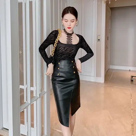 女性感网纱镂空挂脖上衣T恤修身显身材植绒豹纹内搭打底衫早秋季商品大图