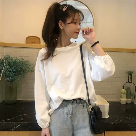 泡泡袖上衣服白色长袖t恤女装2023新款早春秋季韩版宽松内搭ins潮图片