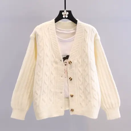 日系麻花毛衣外套女秋冬2023新款韩版宽松外穿V领单排扣针织开衫图片