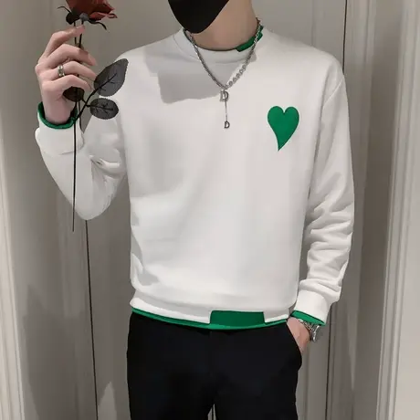 秋季男士卫衣t恤打底衫秋衣长袖修身潮牌拼色假两件潮流圆领体恤商品大图