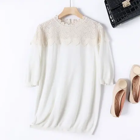 2023夏季新款韩版宽松圆领蕾丝拼接纯色针织毛衣套头短袖T恤上衣商品大图