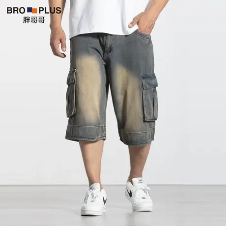 胖哥哥大码五分短裤男宽松加肥加大牛仔工装裤子男嘻哈直筒中裤夏商品大图