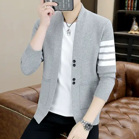 针织开衫男士秋季潮流百搭V领休闲薄款线衫披风情侣条纹毛衣外套商品大图