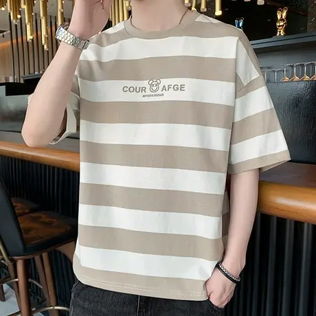 宽条纹短袖t恤男士夏季潮牌ins圆领五分袖体恤宽松休闲半袖上衣服商品大图