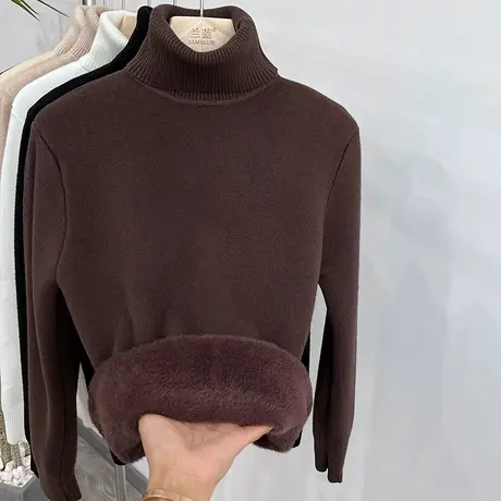 水貂绒高领毛衣女2023冬新款长袖保暖一体针织内搭加绒加厚打底衫商品大图