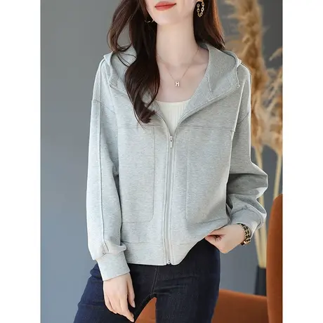 宝诗黎连帽卫衣女春秋款慵懒风拉链开衫宽松休闲短款外套2023新款商品大图