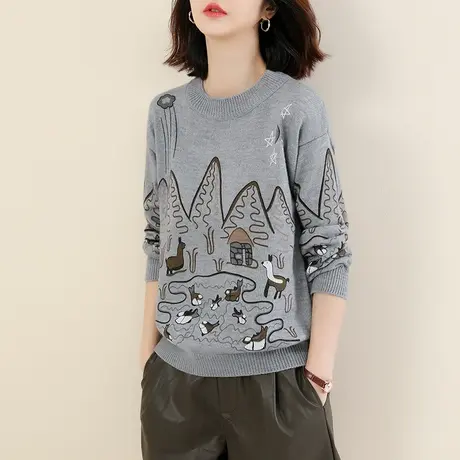 韩潮袭人圆领提花休闲毛衣女2023冬新款宽松显瘦慵懒感针织衫上衣图片