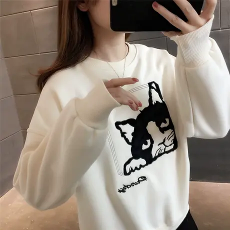 卡通减龄猫咪卫衣2023新款加绒加厚小众设计感时尚可爱刺绣休闲潮商品大图