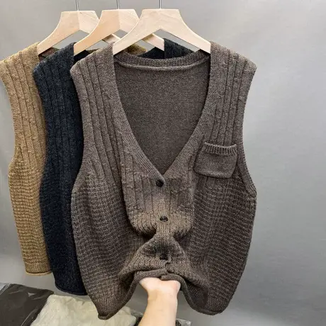 2023秋V领针织马甲女无袖开衫外搭背心叠穿无袖毛衣坎肩马夹外套商品大图
