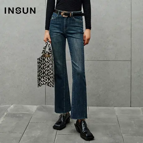 INSUN恩裳线上专选秋季复古洗水微喇裤德绒牛仔裤图片