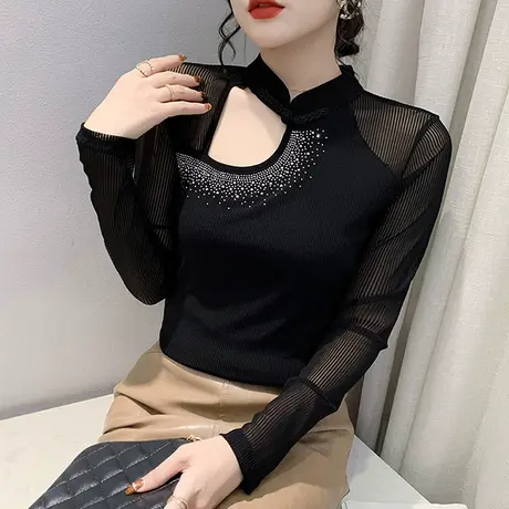 性感镂空心机T恤女长袖2024春秋新款洋气网纱打底衫漂亮烫钻上衣商品大图