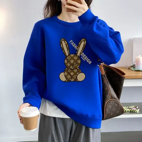 克莱因蓝长袖卫衣女加绒秋冬2024新款宽松设计感小众兔子印花上衣商品大图