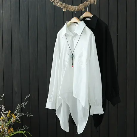 春秋新款设计感小众宽松百搭后背开叉不规则衬衫女中长款纯棉衬衣图片