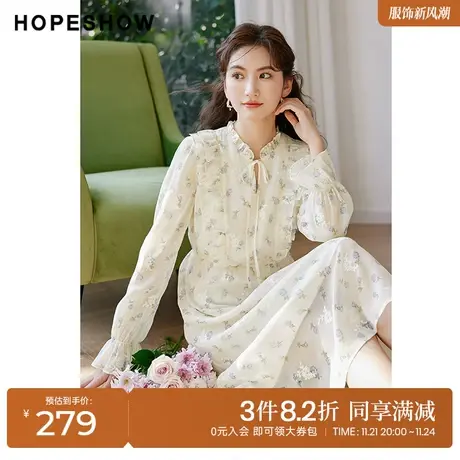 红袖outlets木耳边碎花裙hopeshow2023春季新款女装泡泡袖连衣裙图片