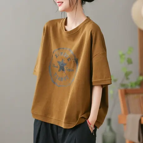 dza复古字母纯棉短袖T恤女2023夏季薄款打底体恤宽松显瘦套头上衣商品大图