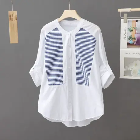 春夏新款高级感条纹拼接长袖衬衫女宽松休闲立领衬衣遮肚百搭上衣商品大图