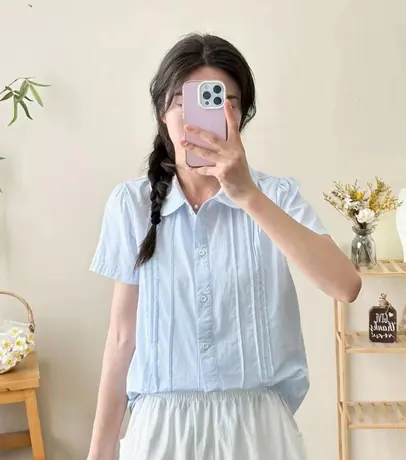 夏装甜美文艺小清新减龄压褶娃娃领短袖白衬衫女学生百搭纯棉上衣商品大图