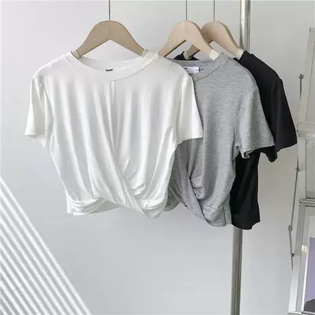 莫代尔打结短款t恤女个性夏季薄款露脐短袖纯色上衣女修身显瘦T恤商品大图