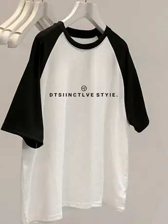 仿棉潮牌正肩短袖t恤女2023新款夏季宽松显瘦撞色减龄洋气上衣服商品大图