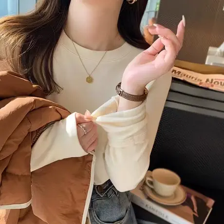 ins超火德绒打底衫女秋冬加绒加厚修身长袖T恤内搭外穿保暖上衣服图片