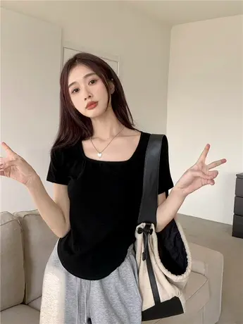 白色方领正肩短袖T恤女夏设计感小众不规则修身短款体恤薄款上衣图片