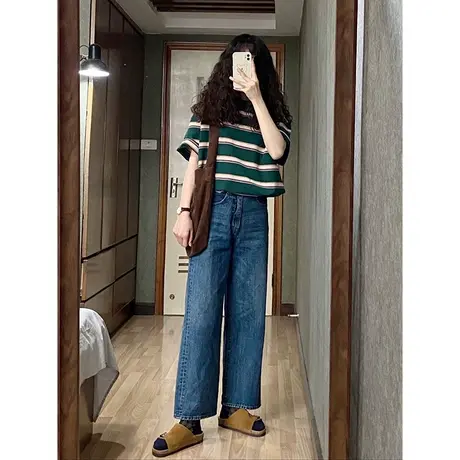 vintage美式复古条纹t恤女大码ins街头风短袖oversize宽松上衣夏商品大图