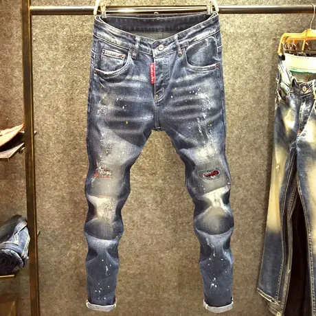 潮流破洞针缝牛仔裤男士修身弹力小脚裤春秋款潮牌泼墨韩版裤子男商品大图