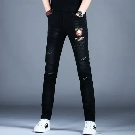 男士新款牛仔裤时尚修身黑色百搭刺绣烫钻小脚裤子潮牌2023秋冬款商品大图