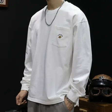 圆领白色长袖t恤男ins潮牌纯棉宽松大码2024新款男士卫衣春秋贴袋图片
