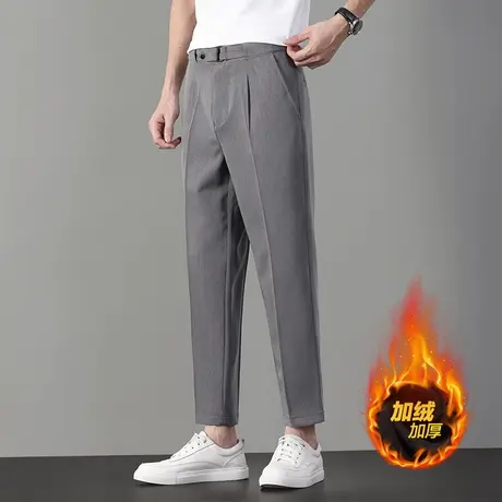 秋冬季加绒商务小西裤男士修身直筒休闲加厚灰色西装长裤子工装裤图片