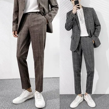 休闲复古格子外套男网红痞帅小西装套装青年韩版修身西服两件套潮商品大图