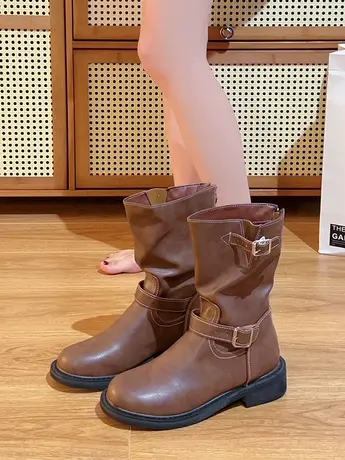 2023年秋季新款靴子女小个子厚底增高中筒靴英伦风复古棕色马丁靴图片