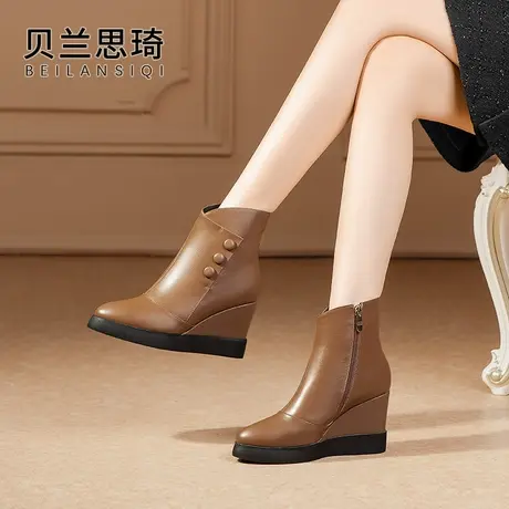 真皮舒适厚底坡跟短靴女2023秋冬季新款百搭防水台高跟骑士靴子图片