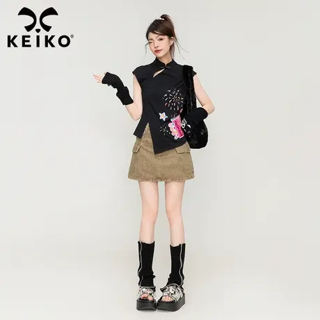 KEIKO 国风旗袍改良黑色正肩短袖t恤夏季设计感小众中式修身上衣商品大图