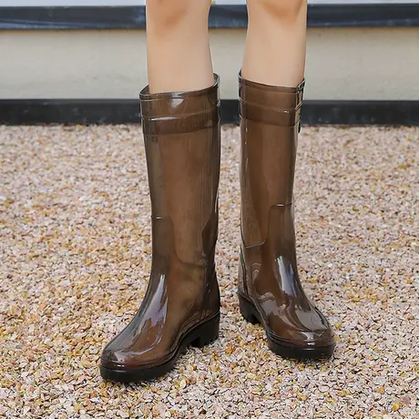 时尚外穿透明果冻色防水防滑雨鞋长筒雨鞋女款高筒水鞋速干胶鞋软商品大图