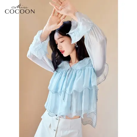 miss COCOON长袖衬衫女2023新款春季V领宽松设计感荷叶边雪纺上衣商品大图