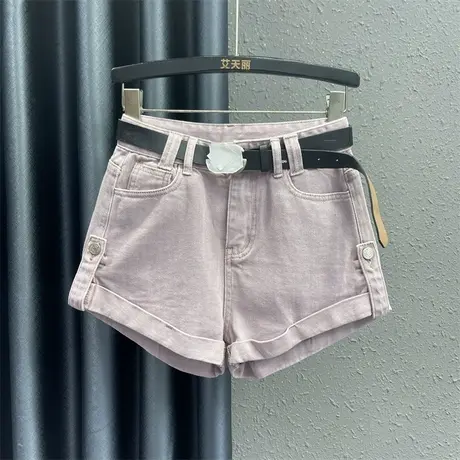 欧货卷边牛仔阔腿裤女2024春季新款紫色减龄高腰小众百搭短裤热裤商品大图