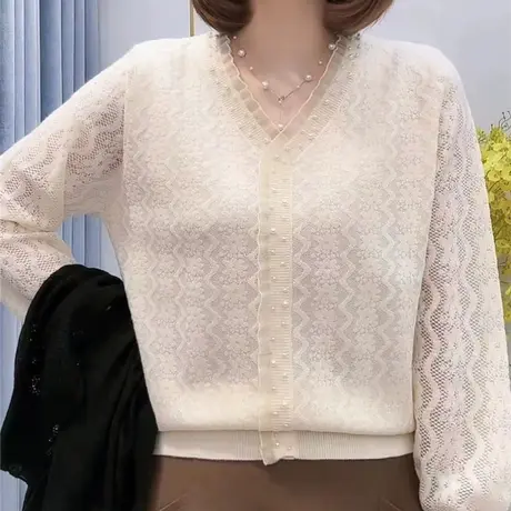 设计感蕾丝边钉珠洋气针织打底衫女秋冬2023新款显示百搭薄款上衣图片