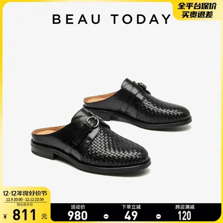 BeauToday包头拖鞋女2023新款外穿BT平底穆勒鞋半拖黑色凉鞋真皮商品大图
