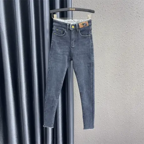 2023冬季新款个性贴布小脚牛仔裤女高腰显瘦加绒弹力紧身铅笔裤潮商品大图