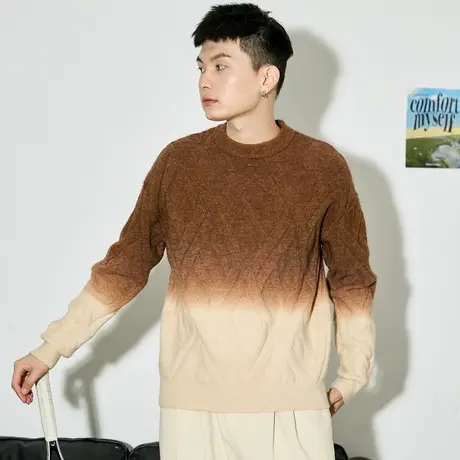 唐狮渐变麻花毛衣男士秋冬季新复古潮流针织衫宽松绞花毛衫商品大图