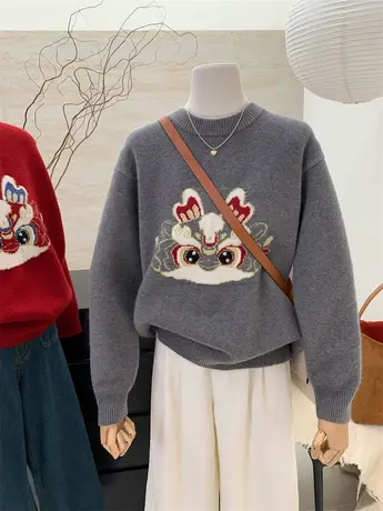 2024冬季新款复古提花宽松圆领软糯厚实针织衫毛衣女内搭休闲上衣商品大图