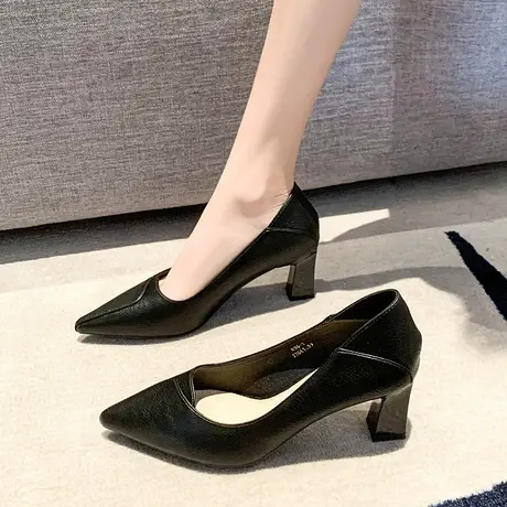 女鞋2024年春秋季新款时尚洋气一脚蹬浅口单鞋法式粗跟通勤高跟鞋图片